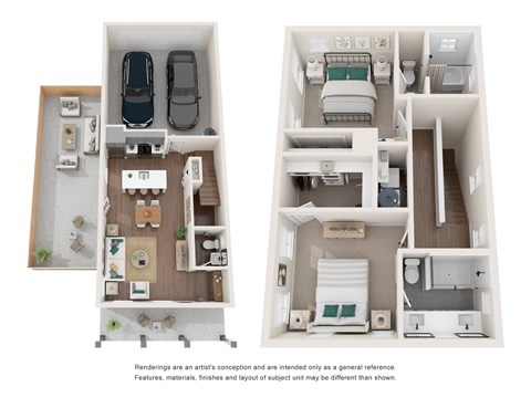Floor plan for 2 beds, 2.5 baths, 1217 sqft